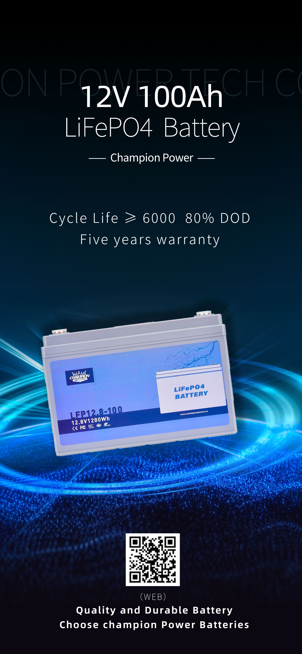 Champion Power 12V100AH Lithium Battery: rendimiento duradero, garantía de 5 años, ¡personalizable!